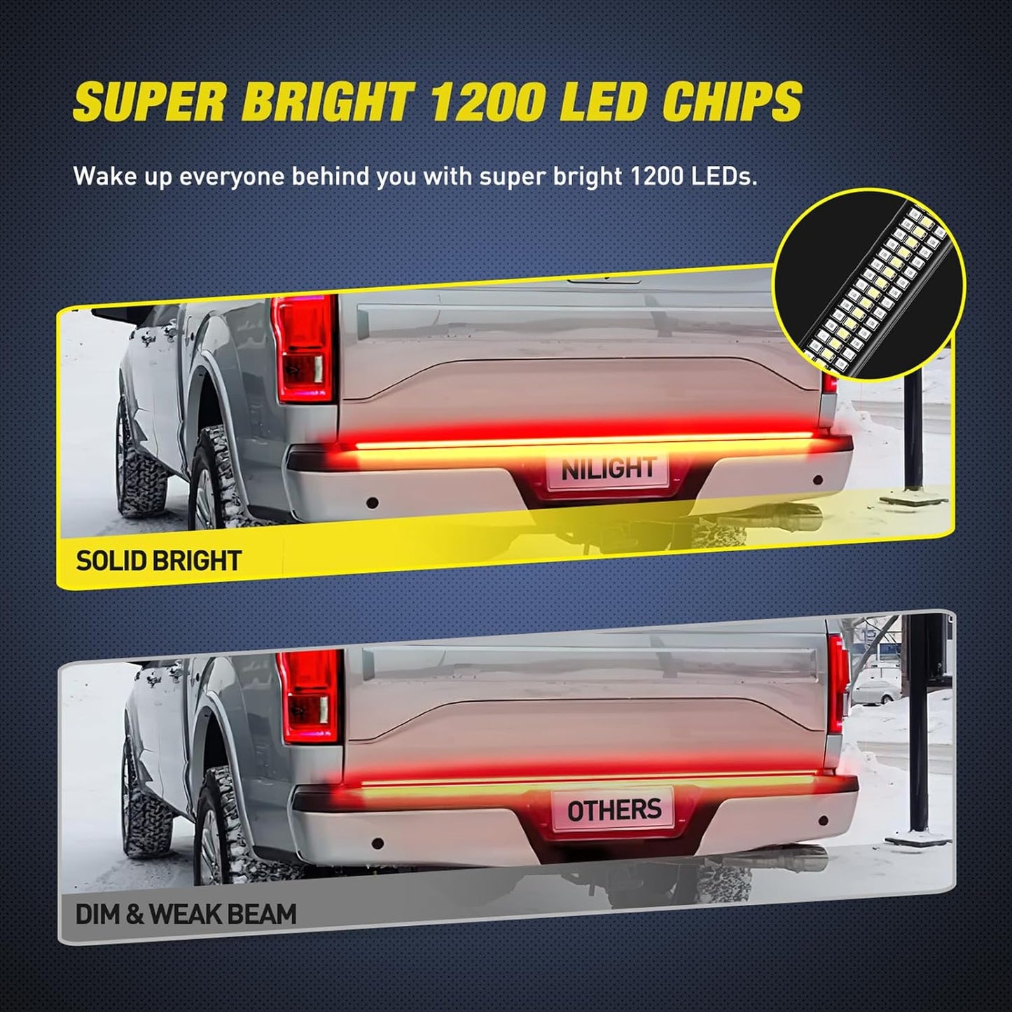 Nilight Truck Tailgate Light Strip 60" Aluminum FrameTriple Row Light Bar 1200 LED w/ Red Running Brake White Reverse Light Red Sequential Turn Signal