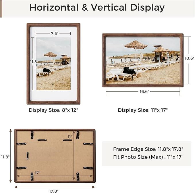 Heimlove 11x17 Picture Frames Natural Walnut,Original Wood Hand Make Crafted Diploma Frame with Mat to 8x12 Graduation Picture Display,Family Picture,Wedding Picture,Photo,Certificate Wall Mounted
