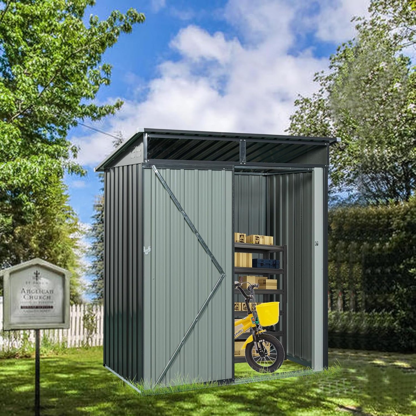 Metal 5x3 FT Garden Storage Shed, Outdoor Small Shed with Sloped Water-Resistant Roof and Lockable Door for Backyard, Patio,Garage and Bike Storage Grey