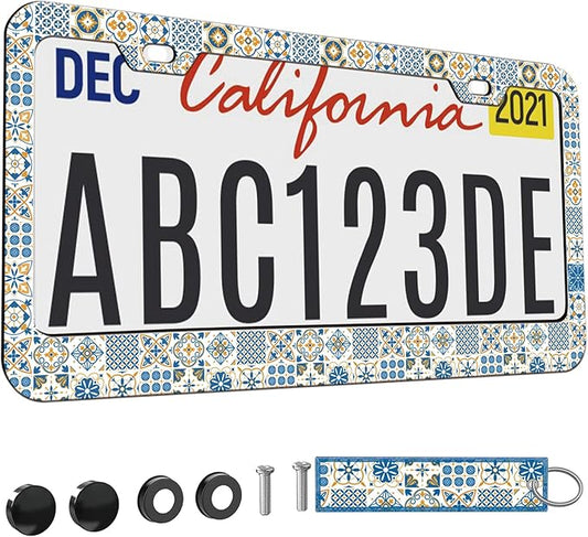 1pcs Vintage European Mediterranean Style Blue and White License Plate Frame for Women, Spanish Style car Decorative tag Frames Girly,Italian Mediterranean License Plate Cover Holder with Keychain tag