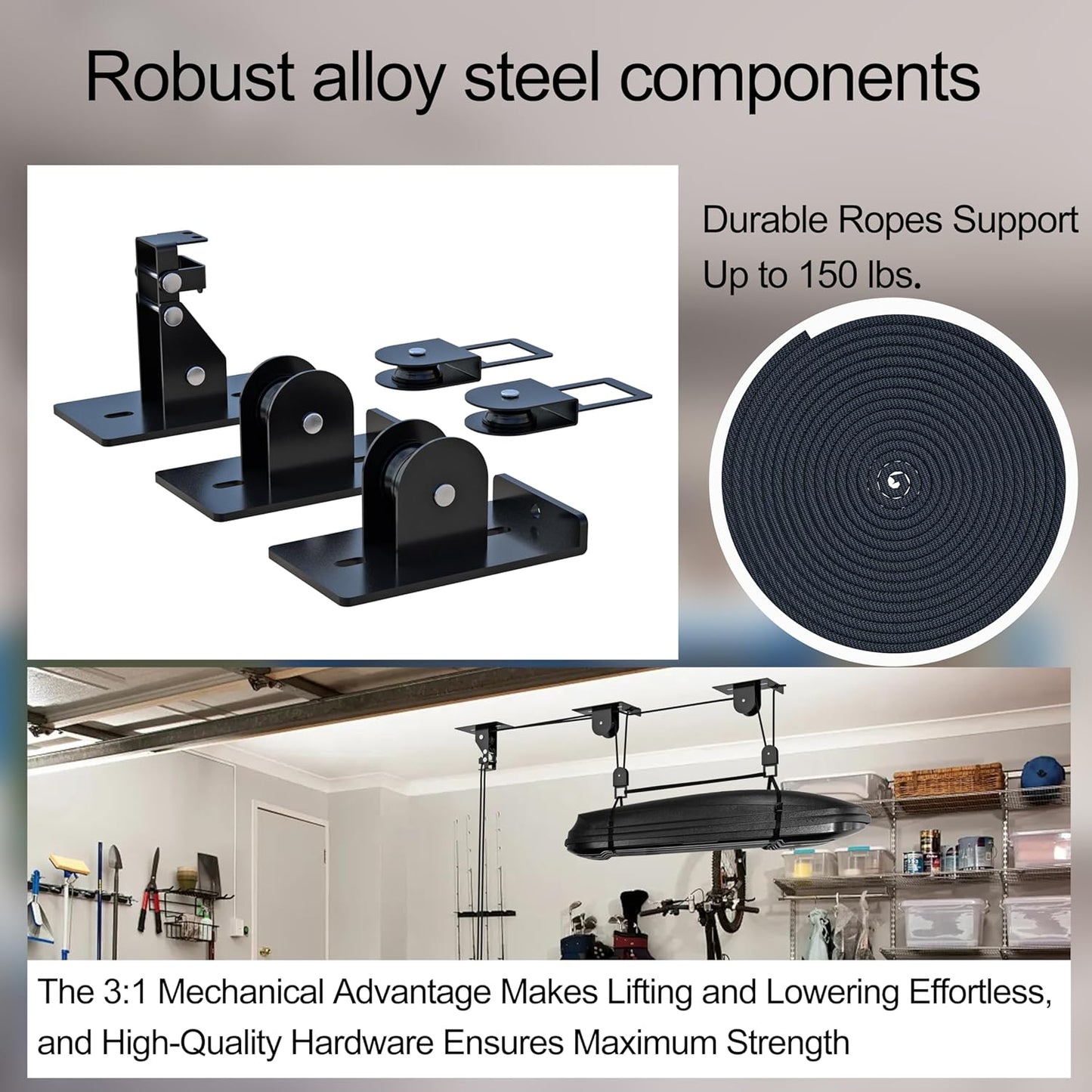 2025 Upgrade Cargo Box Garage Pulley System, Garage Ceiling Hoist Heavy-Duty Holds up to 150 lbs Capacity, Fit 10-14 Foot Ceilings, Black