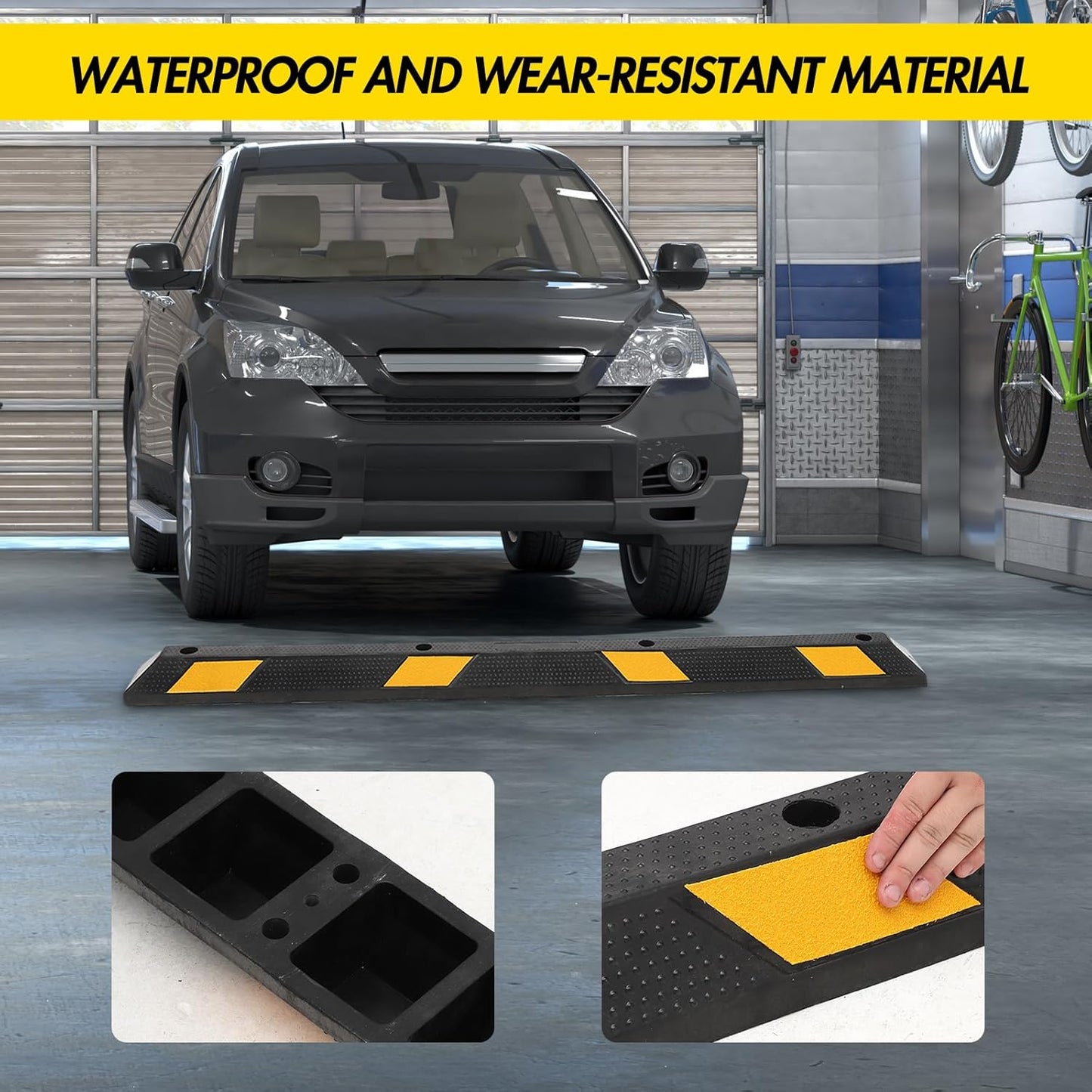 Parking Stoppers for Garage, 72 Inch Premium Parking Block Curb with Yellow Reflective Stripe, Heavy Duty Wheel Stopper for Cars, Vehicles, Trucks, Installation Kits Included, Pack of 2