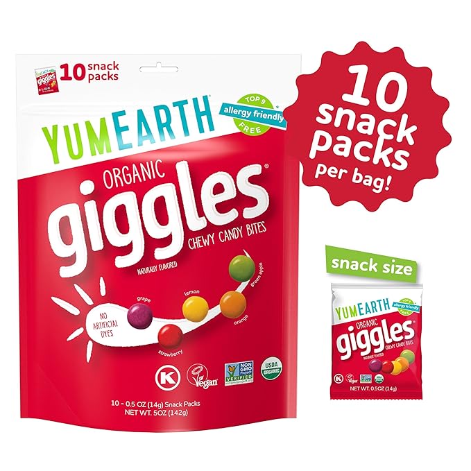 YumEarth Organic Giggles Chewy Candy - Allergy Friendly (Top 9 Free), No Artificial Dyes or Flavors, Non GMO, Gluten Free, Vegan - Individually Wrapped Fruity Snack Packs - 0.5 Ounce (Pack of 10)