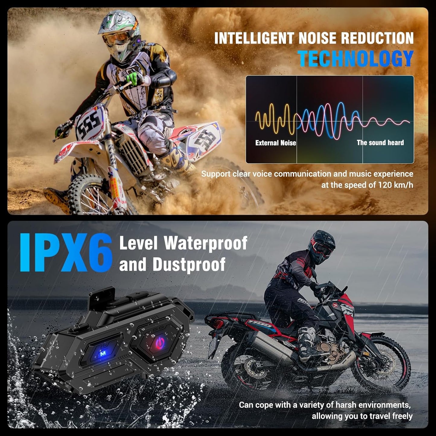 Motorcycle Bluetooth Headset, C8 Helmet Bluetooth Headset with 2 Type Mics, Hands-Free Call/Music/IPX6/Noise Cancellation/Wake Up Siri/Can Connect Two Mobile Phones, Motorcycle Helmet Speakers