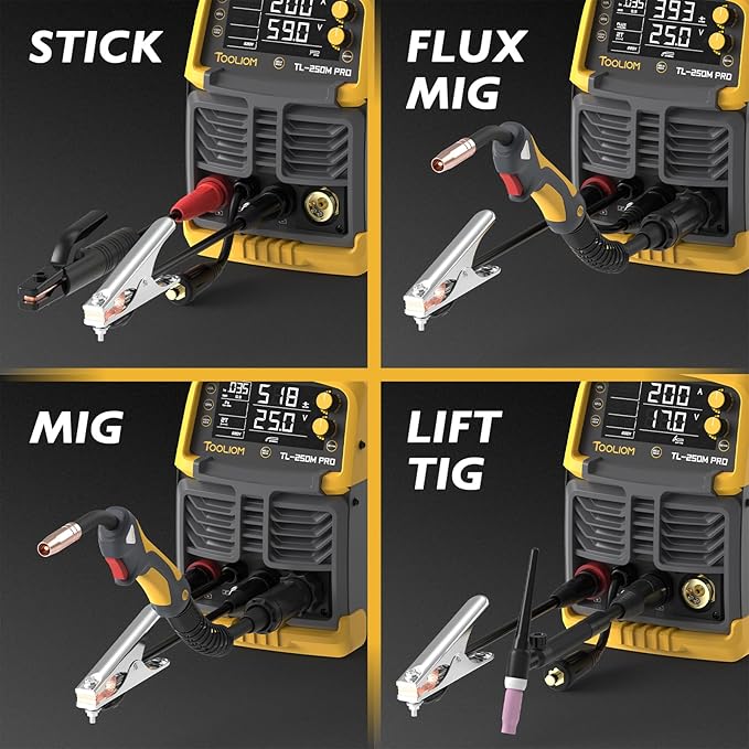 TOOLIOM Aluminum MIG Welder with Pulse 250A 110V/220V Dual Voltage 8 in 1 Multifunctional Welding Machine Pulsed MIG/MIG/Gas MIG/Flux Core/Spool Gun MIG/Lift TIG/Stick