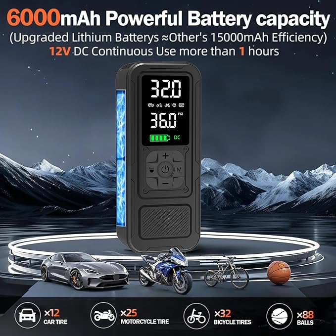 Y34 Tire Inflator Portable Air Compressor,4X Faster Inflation,6000mAh Cordless/12V DC 150PSI Air Pump for Car Tires with Digital Pressure Gauge/LED Light for Car,Motorcycle,Bike,Ball