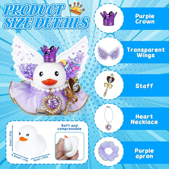 White Queen Rubber Duck Car Ornament with Purple Crown, Crystal Necklace, Magic Wand & Star Wings - Funny Dashboard Decor Includes Adhesive Stickers