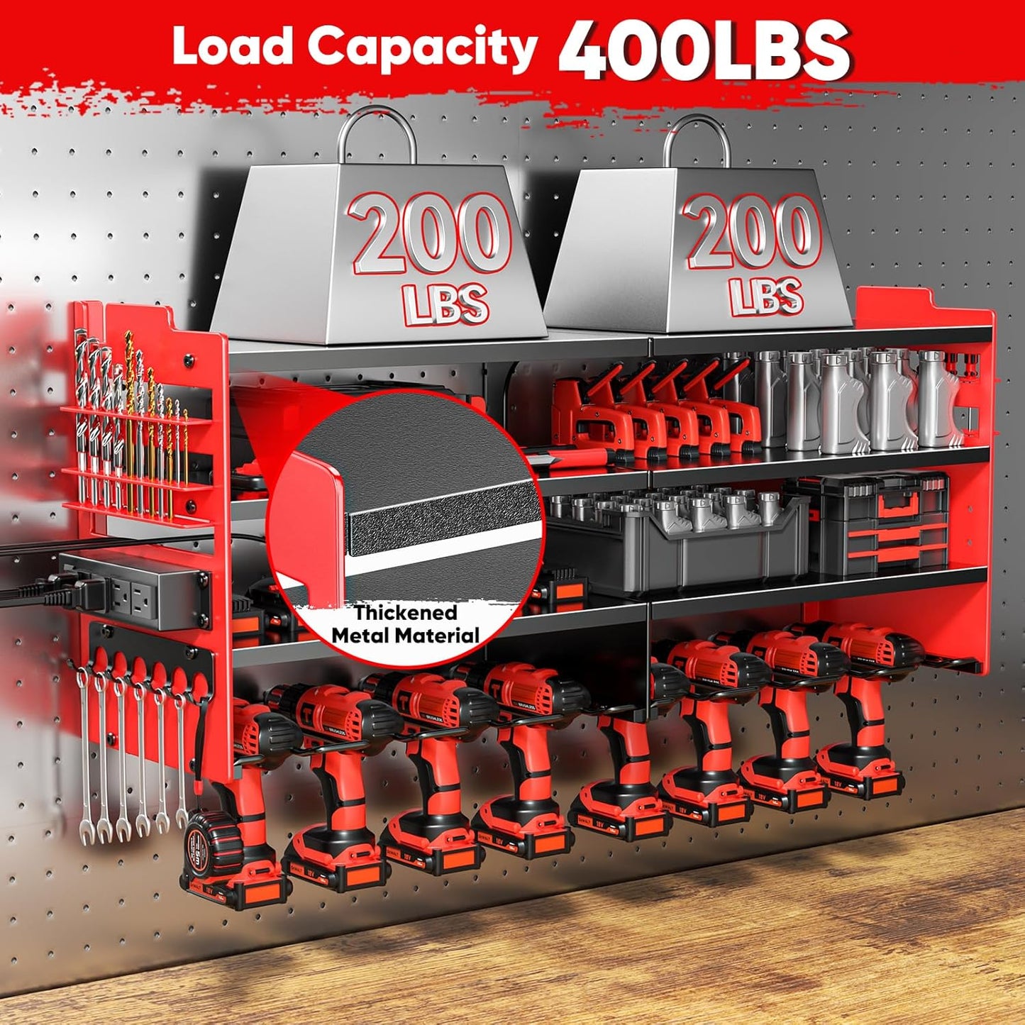 Large Power Tool Organizer Wall Mount with Charging Station,4 Layer Heavy Duty Metal Tool Storage Shelf Loads 600lbs,Battery Utility Rack With 4 Outlet Power Strip with 8 Cordless Drill Holder