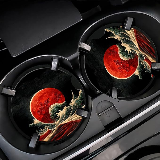 Red Moon Above The Sea Car Cup Holder Coaster,Car Coasters for Cup Holder,2 Pack Chinese Style Landscape Anti-Slip Absorbent Ceramic Car Cup Coasters with Finger Notch Cork Base for Women Men 2.56"