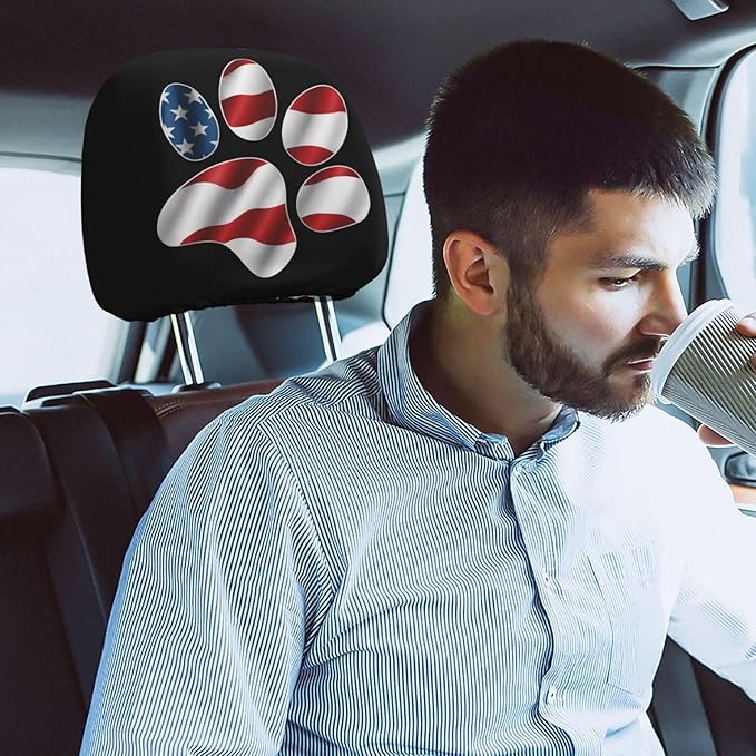 Dujiea 2 Pack USA Paw America Flag Car Headrest Covers, Universal Soft Car Seat Head Rest Cover Protector, Vehicle Accessories Fabric Headrest Cover for Cars Vans Trucks