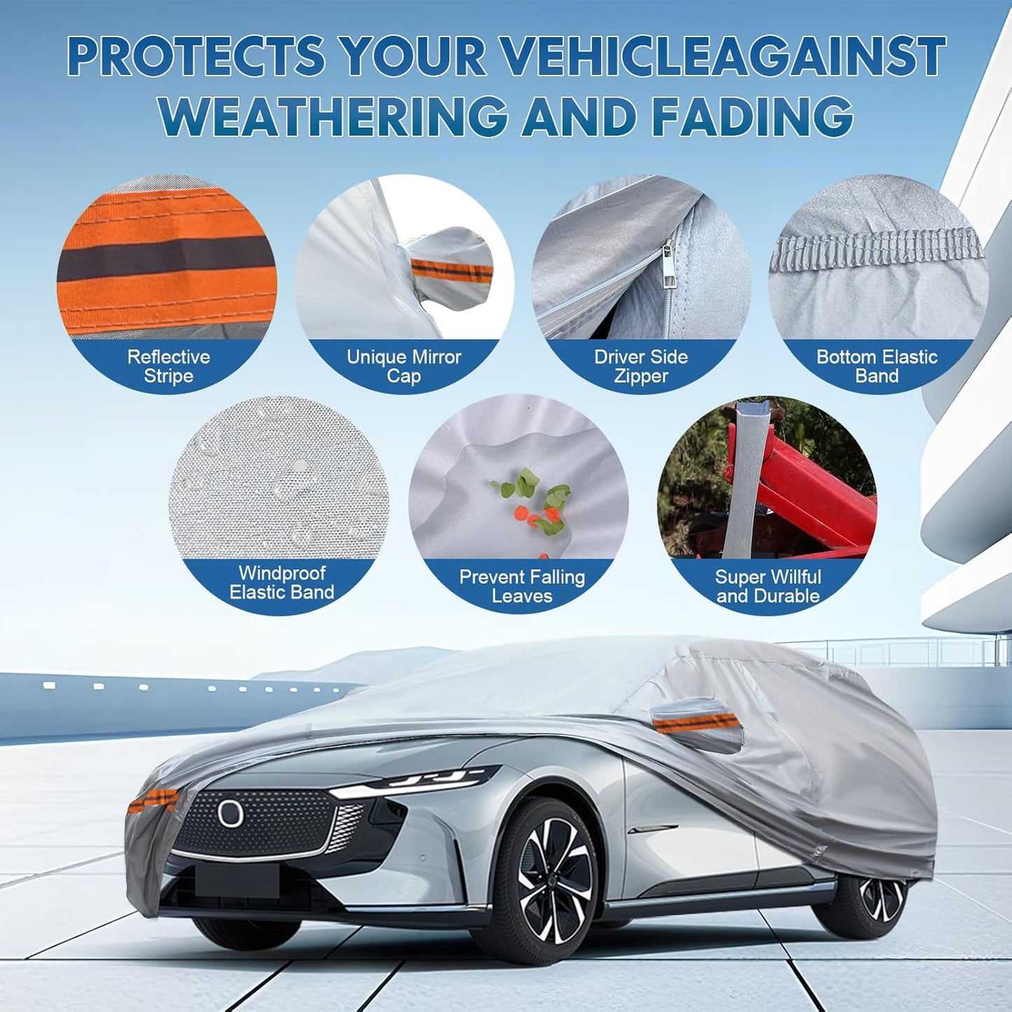 KEYOOG Car Cover, Fit for 188"-198" Length Sedan, 6-Layer All-Weather Waterproof, Universal in All Seasons, Snow Prevention, Rainproof, Acid Rainproof, Sunscreen, Orange Reflective Strip