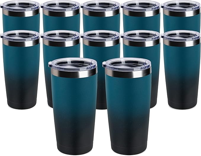 12 pack 20 OZ Double Wall Stainless Steel Vacuum Insulated Tumbler Coffee Travel Mug With Lid, Durable Powder Coated Insulated Coffee Cup for Cold & Hot Drinks (OmbreIndigo, 12pack)