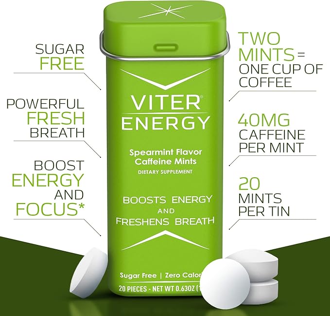 Viter Energy 40mg Caffeine Mints - Sugar Free, B Vitamins, Vegan, Boosts Fast Energized Alert Focus, Caffeinated Nootropic Supplement Pills (Spearmint Flavor, 20pcs, 6 Pack, 120pcs Total)