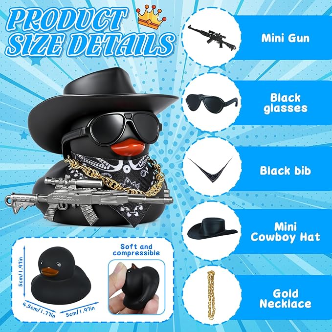 BOZILY Black Rubber Duck Car Ornaments Dashboard Decorations - Cowboy Hat, Sunglasses, Bandana, Gold Chain & Gun Accessory, Squeeze Squeak Sound, DIY Funny Decor for Car Interior