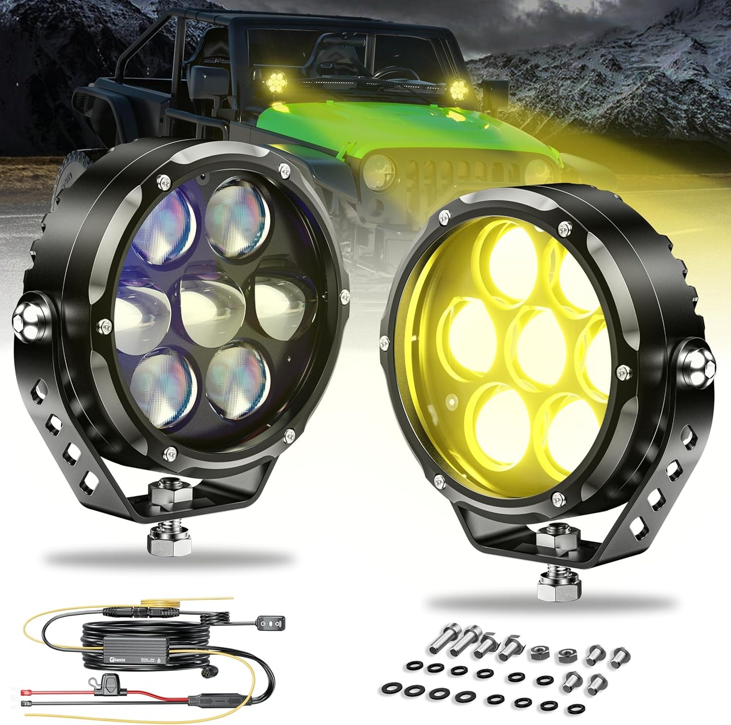 Kewig 4 Inch 96W Amber White LED Light Pods, 6 Modes Dual Color Fog Light Pods Cube, Spot Flood Combo Strobe Lights Emergency Driving Offroad Flashing Ditch Lights for Trucks Jeep, Pair (K7-U)
