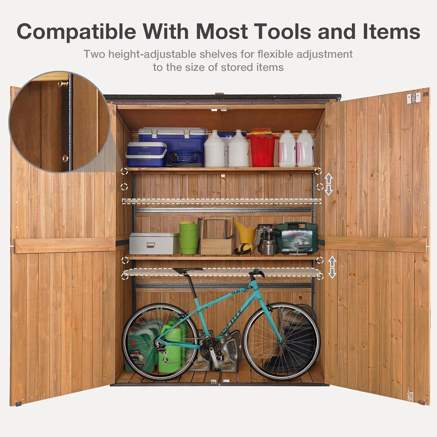 Outdoor Storage Shed with Floor - Waterproof Natural Fir Cabinet with Adjustable Shelves and Double Lock for Anti-Theft - Suitable for Storing Garden Tools, and Household Debris (Brown)