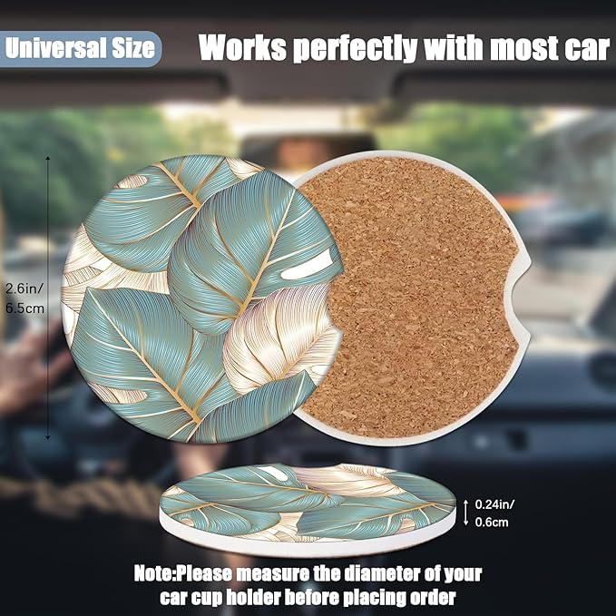Car Cup Holder Coaster - Cyan Leaf Absorbent Ceramic Coaster 2 Pack, Car Coasters for Cup Holders, Fashion Car Interior Accessories Drink Coaster for Women & Men