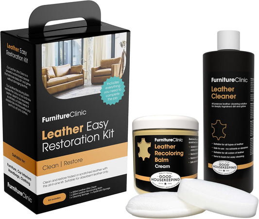 Furniture Clinic Leather Easy Restoration Kit | with Leather Recoloring Balm, Cleaner, Sponge, and Cloth | Leather Repair Kit for Scratched and Faded Furniture (Cream)