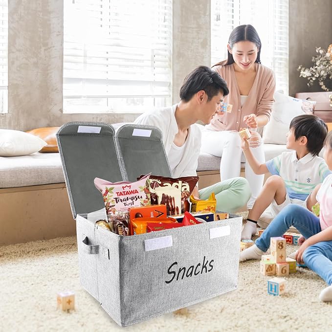 Snack Organizer for Pantry Shelf, Fabric Snack Organizer with Double Lids & Handles, Large 2-Compartment Snack Bin Snack Holder, Snack Basket for Chips Packets, Snack Bar Station Decor-Grey