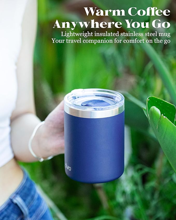 12oz Insulated Coffee Mug with Lid – Includes Two Lids, Stainless Steel Coffee Travel Mug with Handle, Double Wall Vacuum Insulated Camping Mug for Home, Office & Outdoor, Navy Blue