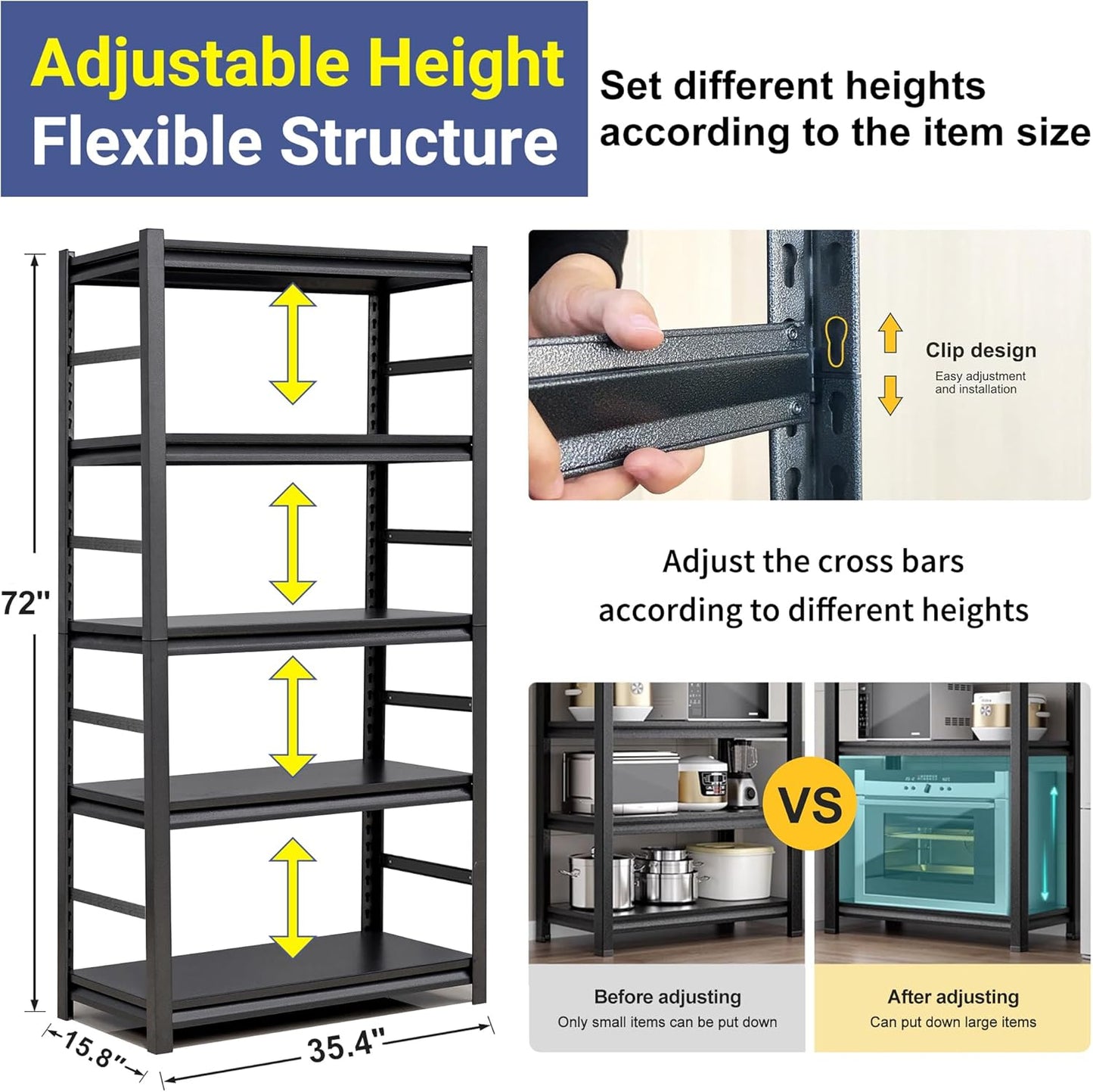 TOPKEY Metal Storage Shelf Garage Storage Shelves, Heavy Duty 5-Tier Utility Shelves for Garage, Kitchen, Warehouse, Adjustable Basement Storage Rack, Load 2500LBS, 72" H x 35.4" W x 15.8" D