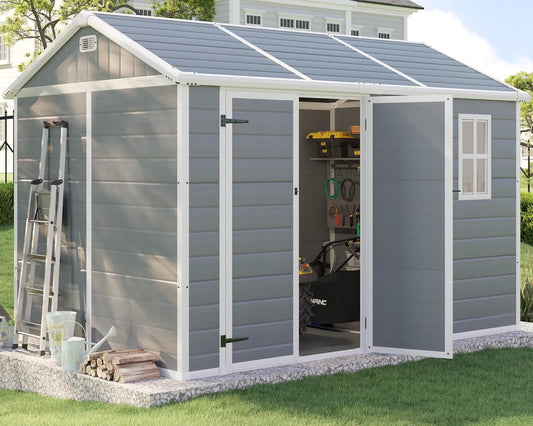 10.5x7.6x7.5 ft Outdoor Resin Storage Shed with Floor, Windows & Air Vents, Large Waterproof Tool Shed for Garden, Backyard, Lawn Equipments & Bikes, Grey