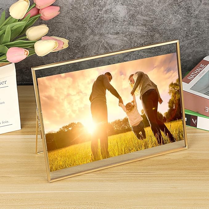 JUXYES 2 Pack Tabletop Business License Frame Brass License Certificate Display Frame, Double Glass Floating Diploma Frames, Desktop Golden Graduation Frames for 8.5x11 Certificate Business Licenses