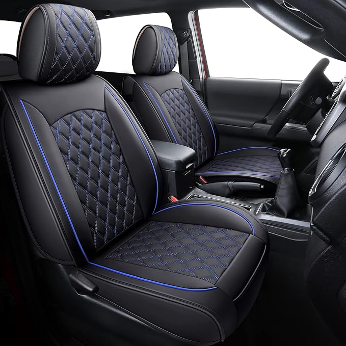 Aierxuan Toyota Tacoma Seat Covers Custom Fit 2005-2025 TRD Off-Road Overlanding Concept SR5 Double Cab Pickup Truck Waterproof Leather Front Car Cushions(2 PCS Front,Black-Blue)