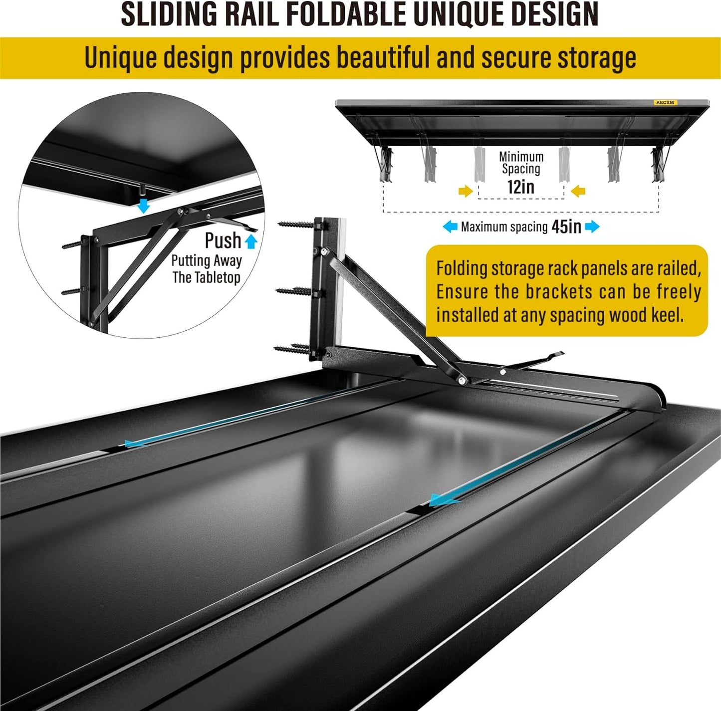 1.3x4ft Adjustable Rail Type Folding Storage Rack Shelf, Suitable for Garage, Storage Room, Kitchens Wall Shelf,Garage Storage Rack Floating Shelves, Wall Mounted Folding Table(1pcs-Black)