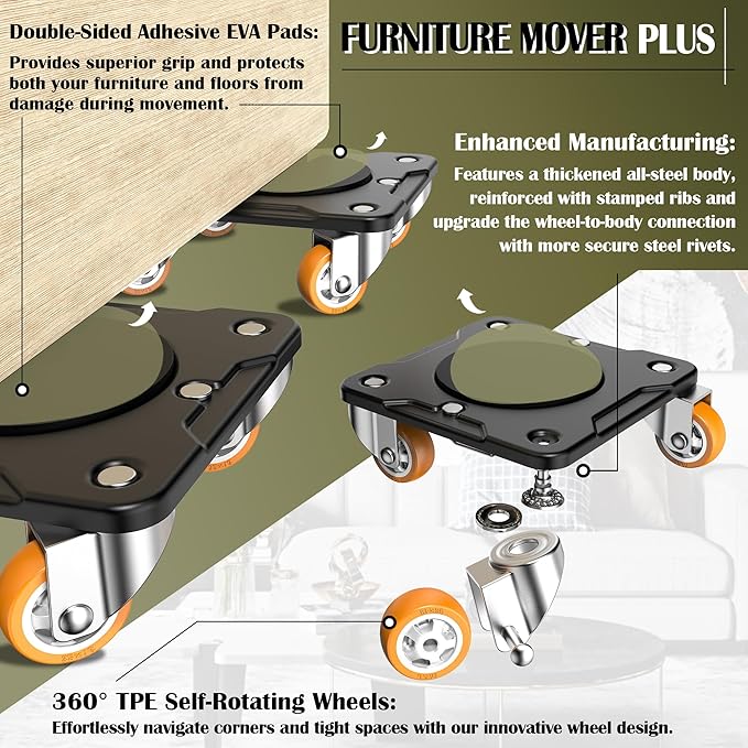 ONEON Furniture Mover Plus, Upgrated to Full Carbon Steel Panels Dolly, Reinforced Rib Design, Increased Weight Capacity, with Furniture Lifter, Easy Heavy Lifting