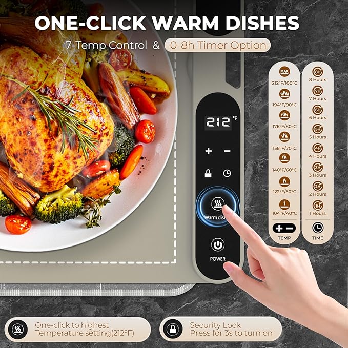 Homelove Food Warming Mat for Parties Buffet - Full Surface Fast Heating Electric Warming Tray with 7 Temp-Settings & 8H Timer, Portable Roll Up Food Warmer with Heat Insulation Pad XXL-Khaki