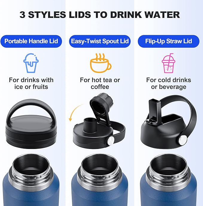 HYDROWION Stainless Steel Water Bottle, 32oz Tumbler Water Flask W/Straw Lid, Spout Lid and Flex Cap, Insulated Water Bottle (Cold for 48 Hrs,Hot for 24 Hrs) Fit in Any Car Cupholder,White&Purple