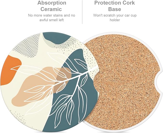 Car Cup Holder Coaster, Car Coasters for Cup Holders, 2 Pack Universal Anti Slip Insert Absorbent Ceramic Auto Interior Accessories with A Finger Notch & Cork Base, Abstract Boho Leaf