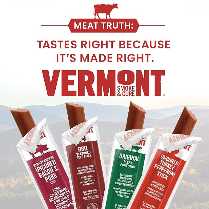 Vermont Smoke & Cure Meat Sticks - Hickory-Smoked Uncured Pork Bacon Sticks Protein Snacks, No Antibiotics or Added Hormones, Hiking Snacks - 0.5 oz, 48 ct