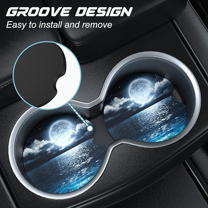 Car Cup Holder Coasters, 2 Pack Universal Auto Anti Slip Insert Coaster with A Finger Notch, Cute Car Assecories for Women Men, Cup Mat for Most Interior, Moon on The Sea