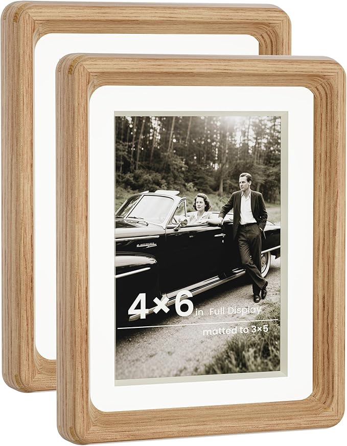 HELPLEX 4x6 Picture Frame Set of 2 - Solid Oak Wood, Adjustable Mat for 3x5 & 4x6 Photos, Shatter-Resistant Glass - Wall & Tabletop Family Gallery, Modern Minimalist Home Decor