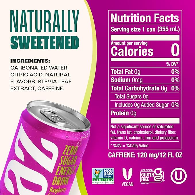 Zevia Zero Sugar Energy Drink, Raspberry Lime, 12 oz Cans (12-Pack) – Naturally Sweetened, Zero Calorie Sugar Free Energy - Non-GMO Project Verified, Gluten-Free, Vegan