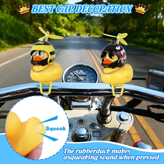 BOZILY 2 Pack Rubber Duck Car Ornaments, Squeeze Duck Bicycle Horns with Propeller Helmet, Bandage and Gold Chain, Funny Dashboard Decor for Car, Bike, Motorcycle