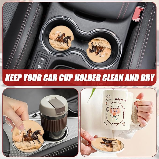 Running Horse Car Coasters for Cup Holders, Absorbent Ceramic Car Coaster Car Cup Holder Coaster Car Accessories for Women Men (2 Pack)