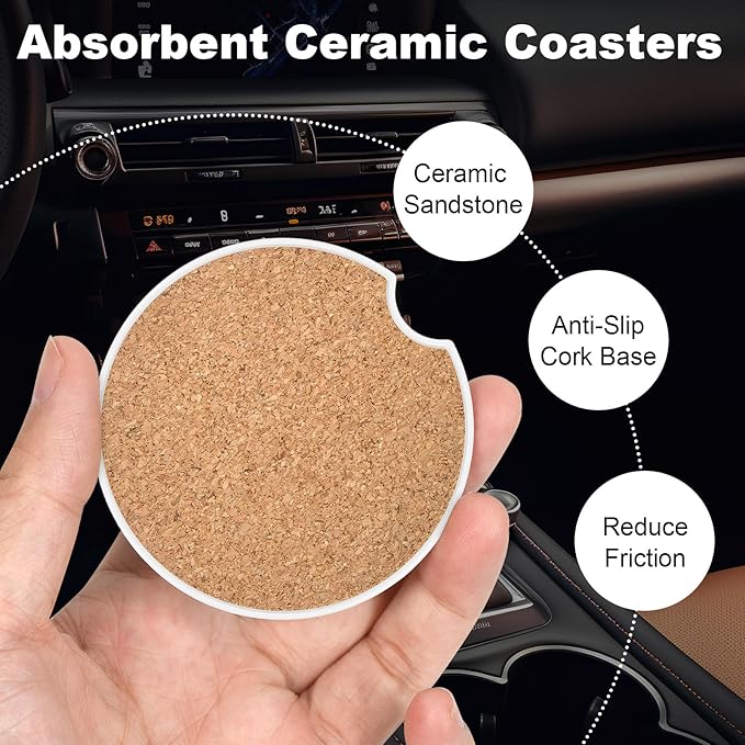 2 Pack Car Cup Holder Coaster, 2.63 inch Anti Slip Insert Absorbent Ceramic Car Coaster with Cork Base and Finger Notch, Cute Car Accessories Interior for Women, Cute Car Coasters., CH0025