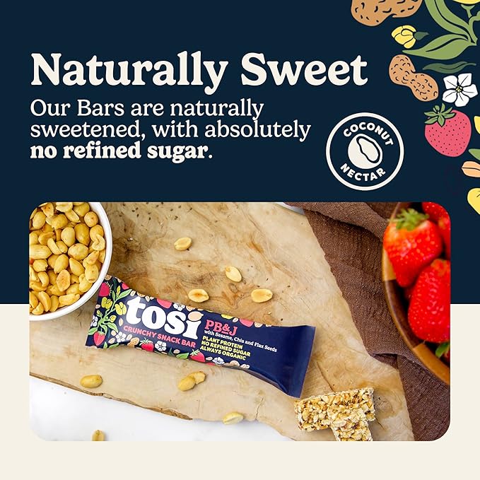 Tosi Peanut Butter & Jelly Protein Bars, Plant Based with Nuts, Gluten-Free Crunchy Snacks, Vegan, Organic, Flax & Chia Seeds, Soy-Free, Omega 3s, 7G Protein, 1 oz, 12-Pack