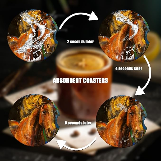 Car Cup Holder Coaster - Watercolor Horse Absorbent Ceramic Coaster 2 Pack, Car Coasters for Cup Holders, Fashion Car Interior Accessories Drink Coaster for Women & Men