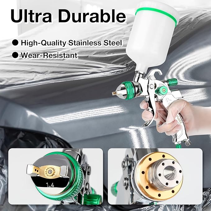 YUZES HVLP Paint Sprayer Gun with 1.4/1.7/2.0mm Nozzles, Easy to Use, Spray Paint Gun for Cars, Furniture, DIY Painting, Varnish and Top Coat, HVLP Paint Gun with Paint Sprayer Accessories (Green)
