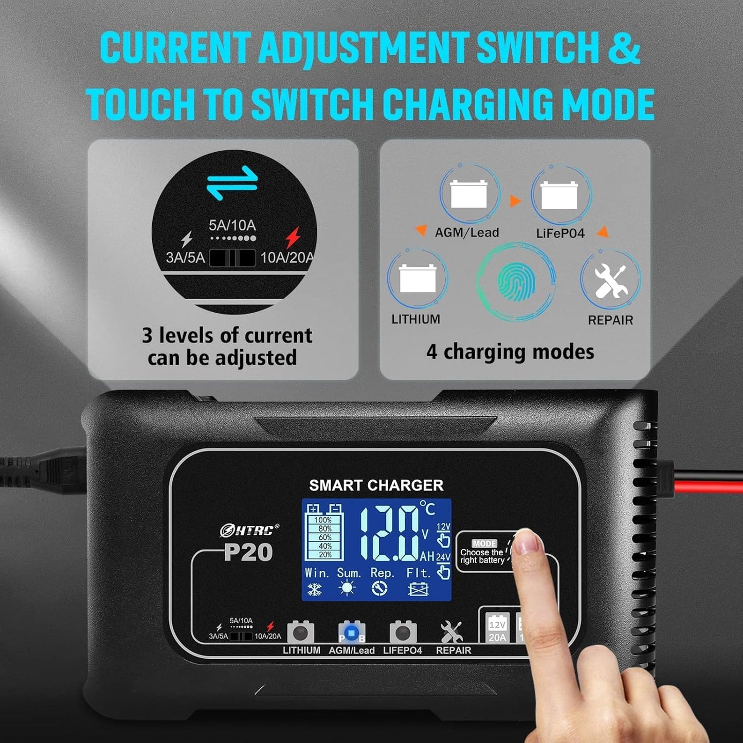 20Amp Smart Lithium Battery Charger, 12V and 24V, Lifepo4, Lead-Acid (AGM/Gel/SLA.) Car Battery Charger, Maintainer Cycle Charger Trickle Charger Battery Desulfator for Boat, Motorcycle