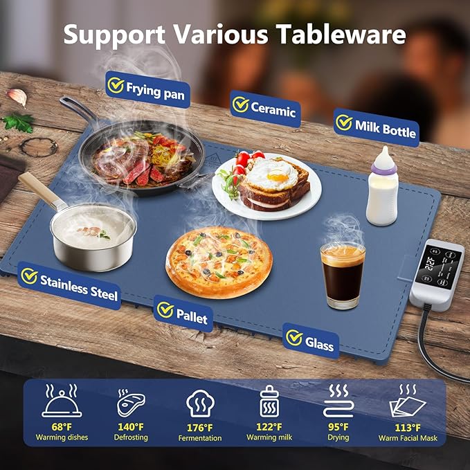 Waterproof Electric Food Warming Mat, Food Grade Silicone Warming Tray with 17 Temp Setting and 6 Hours Timer, Full Surface Heating Mat, Roll Up Food Warmers for Parties Buffet (Navy Blue)