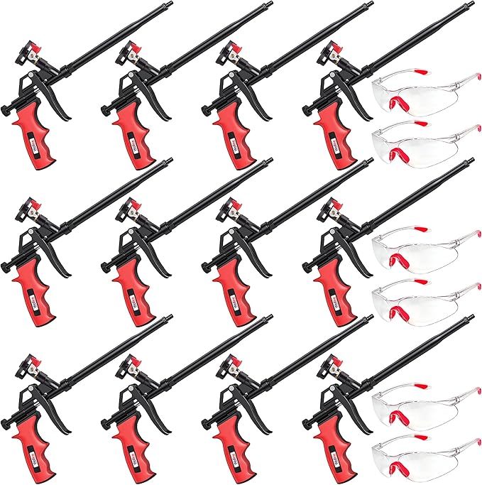 Spray Foam Gun, Wolline (12 Foam Gun + 48 Nozzle) Spray Foam Insulation Gun, Teflon-Coated Professional Expanding Spray Foam Applicator, Foam Dispensing Gun, Insulating Foam Applicator Red - 12 Pack