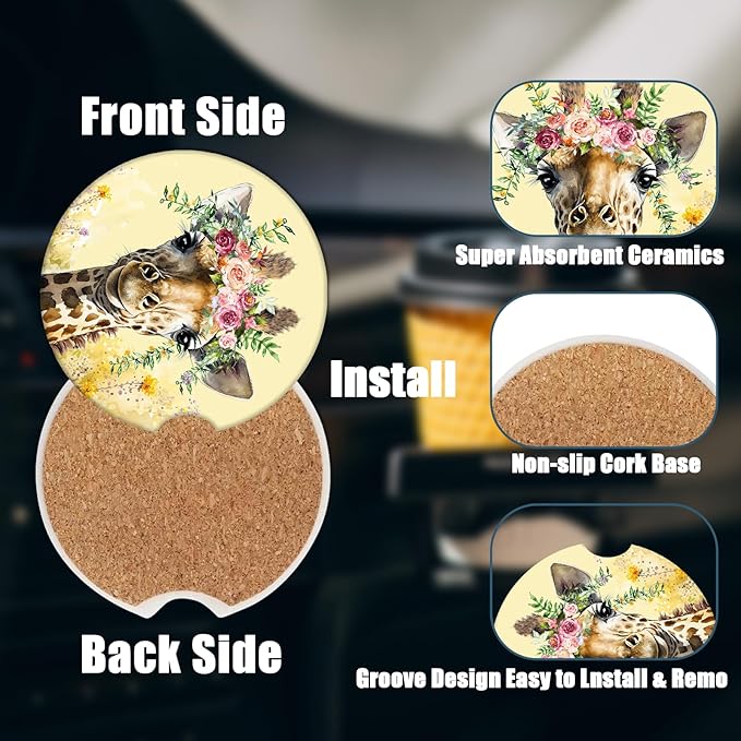Car Cup Holder Coaster - Cute Giraffe Flower Absorbent Ceramic Coaster 2 Pack, Car Coasters for Cup Holders, Fashion Car Interior Accessories Drink Coaster for Women & Men