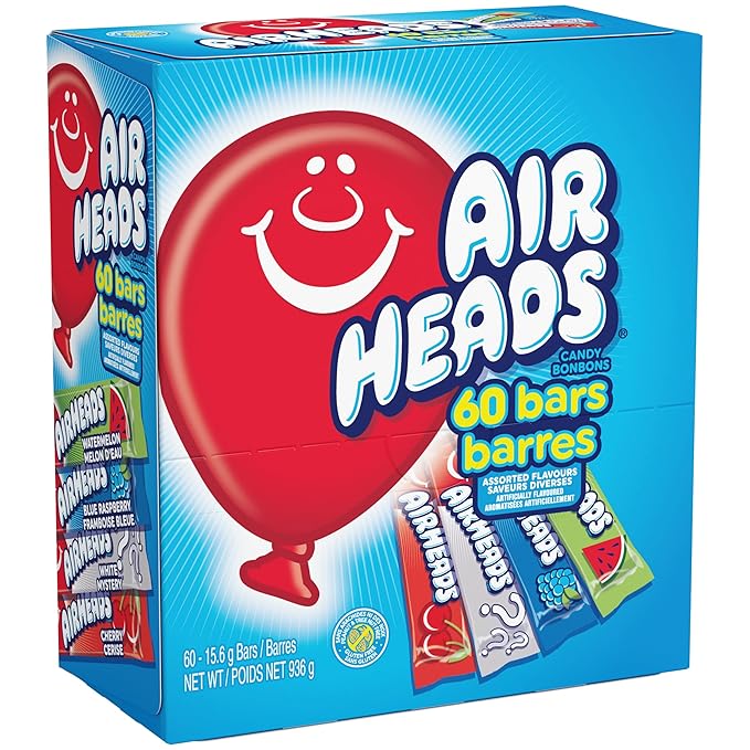 Airheads Candy Bars, Variety Bulk Box, Chewy Full Size Fruit Taffy, Gifts, Holiday, Parties, Concessions, Pantry, Non-Melting, Party, 60 Individually Wrapped Full Size Bars