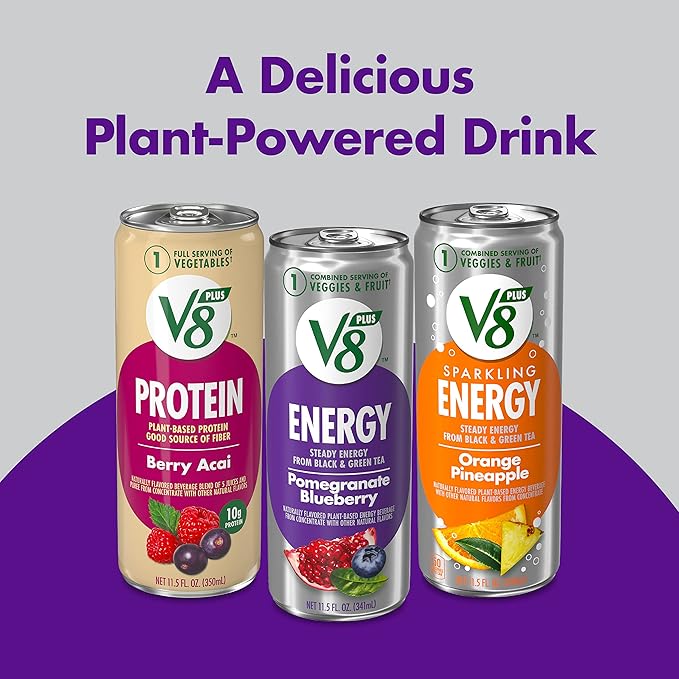 V8 +Energy Black Cherry and Pomegranate Blueberry Juice Energy Drinks, 8 fl oz Can (24 Pack)