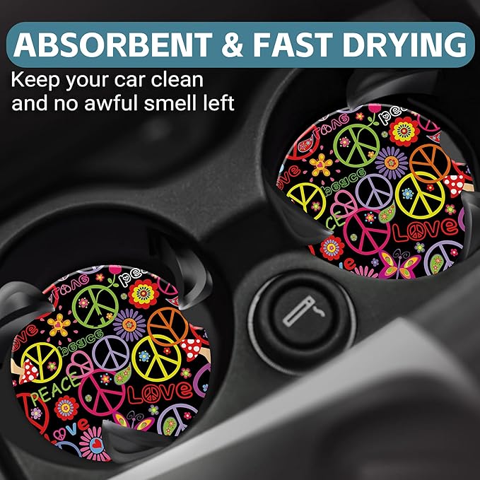 Childish Hippie Pattern Car Cup Holder Coaster, Car Coasters for Cup Holder, 2 Pack Peace and Love Symbol Anti-Slip Absorbent Ceramic Car Cup Coasters for Women Men with Finger Notch Cork Base 2.56"